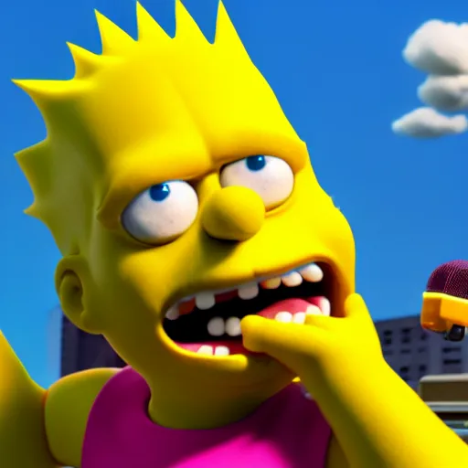 Image similar to film still of Bart Simpson in Monster Inc from Pixar, octane render, volumetric, raytracing, trending on artstation