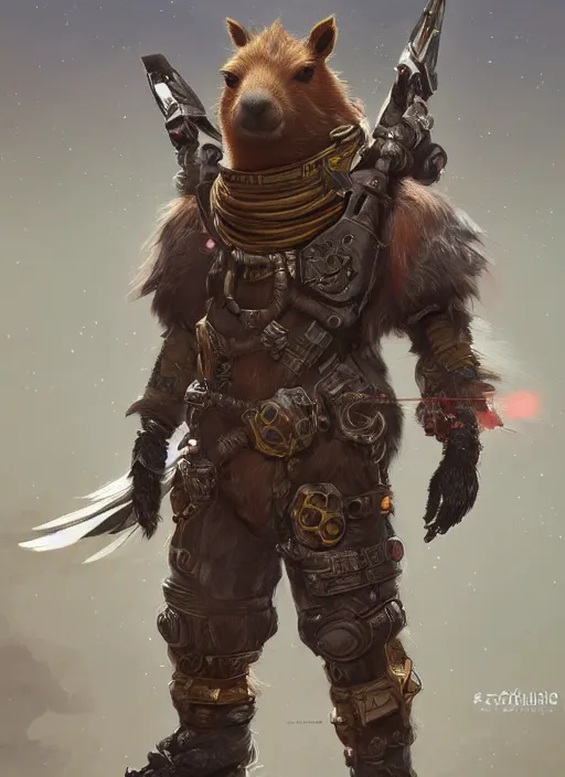 Image similar to detailed full body concept art illustration oil painting of an anthropomorphic capybara space pirate in full intricate armor, biomutant, dystopian, ultra detailed, digital art, octane render