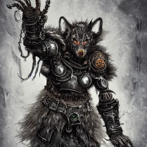 Image similar to a druid turning into a machine wolf, chaos, night, rot, blood, epic art, dark souls, highly detailed and intricate, trending on artstation