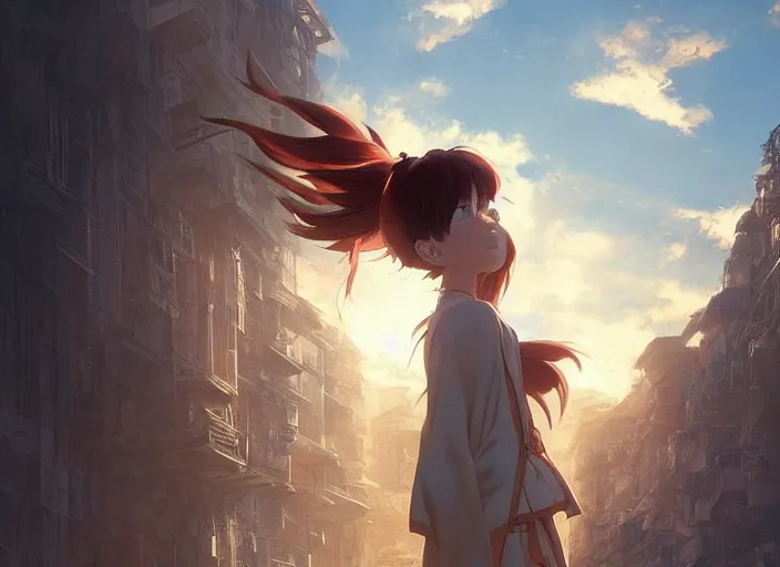 Image similar to a 3 d film animation still portrait of a 2 0 6 0's manga heroine, finely detailed features, sun light, painted by greg rutkowski, akira toriyama studio ghibli