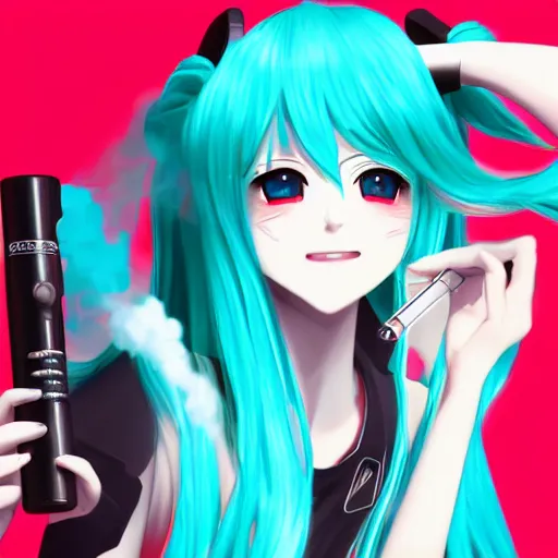 Image similar to hatsune miku smoking weed with a vape pen, smoke coming out of her mouth, bloodshot eyes, artstation, 4 k