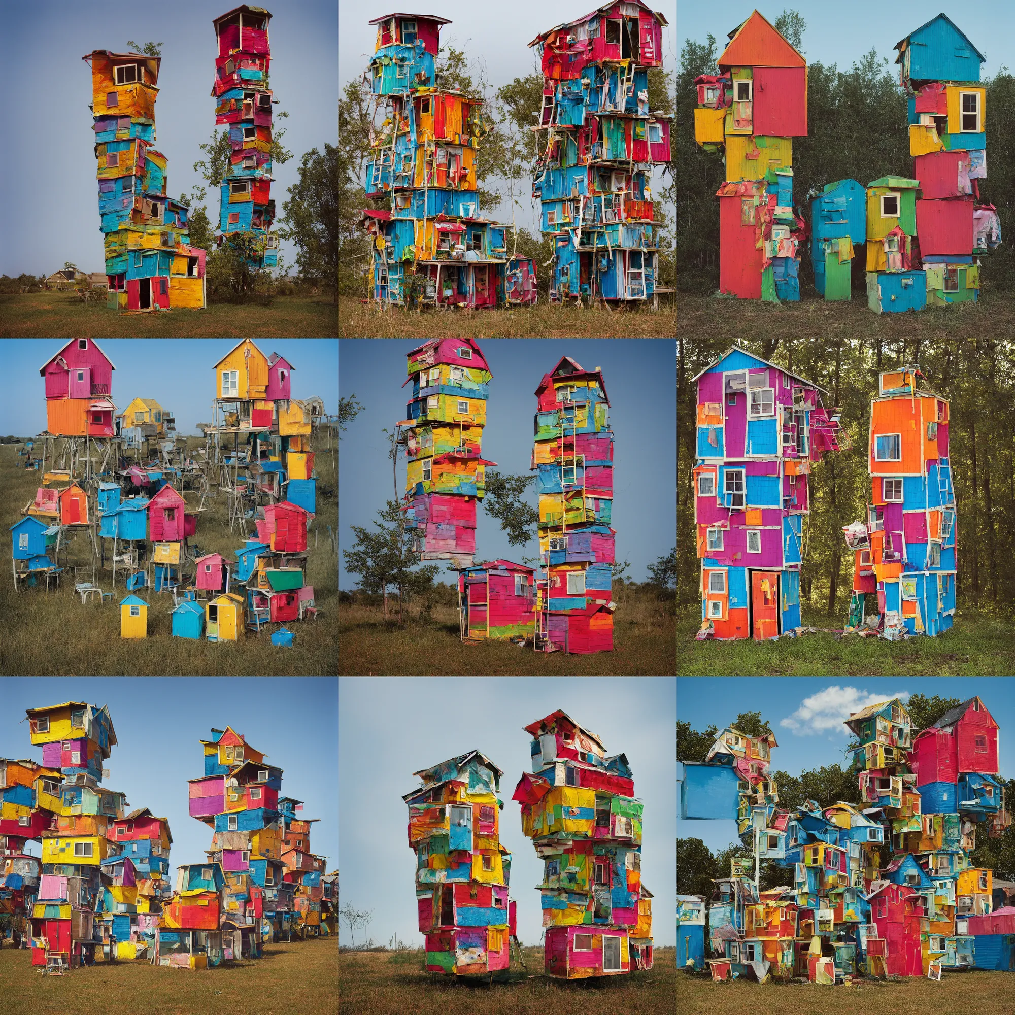 Prompt: a tower made up of colourful makeshift squatter shacks, mamiya, f 1 1, fully frontal view, photographed by julie blackmon