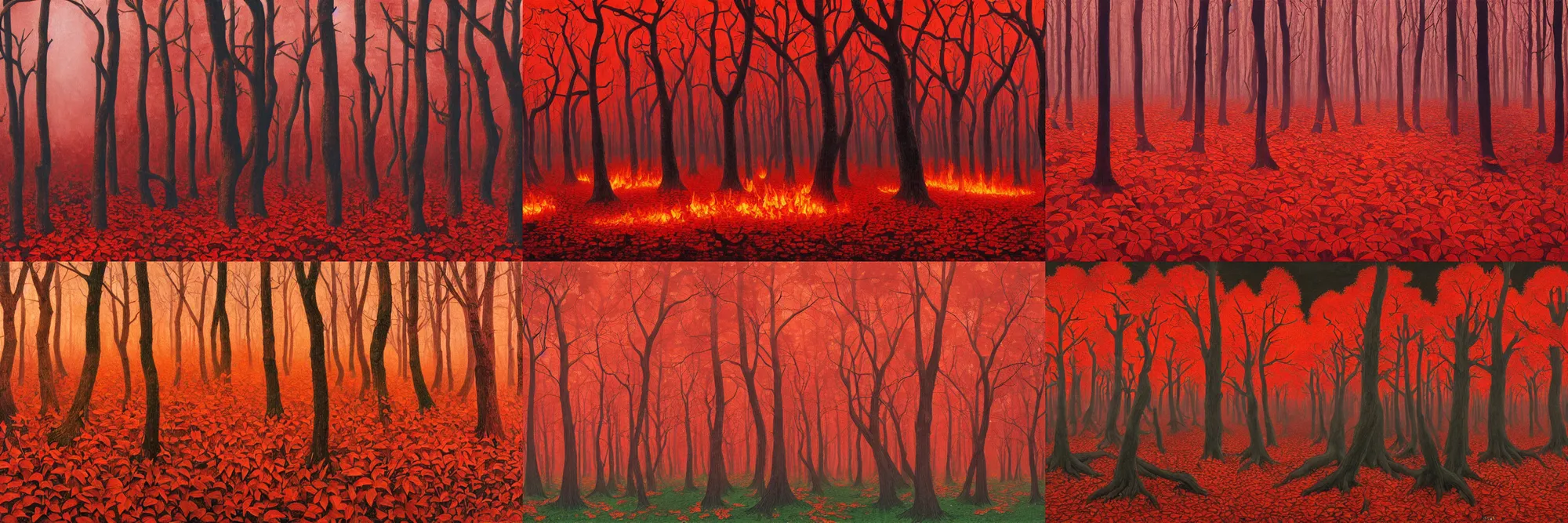 Prompt: oil painting of A red fire forest of trees with flaming leaves ,by M.C. Escher and Greg Rutkowski,hight details