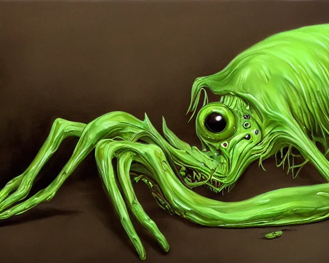 Image similar to Haunting horrifying hyperrealistic detailed painting of a tall slim spider canine creature made of slime, gelatinous green goop, heavy metal, disgusting, creepy, unsettling, and bloodshot eyeballs, hyper detailed, trending on Artstation