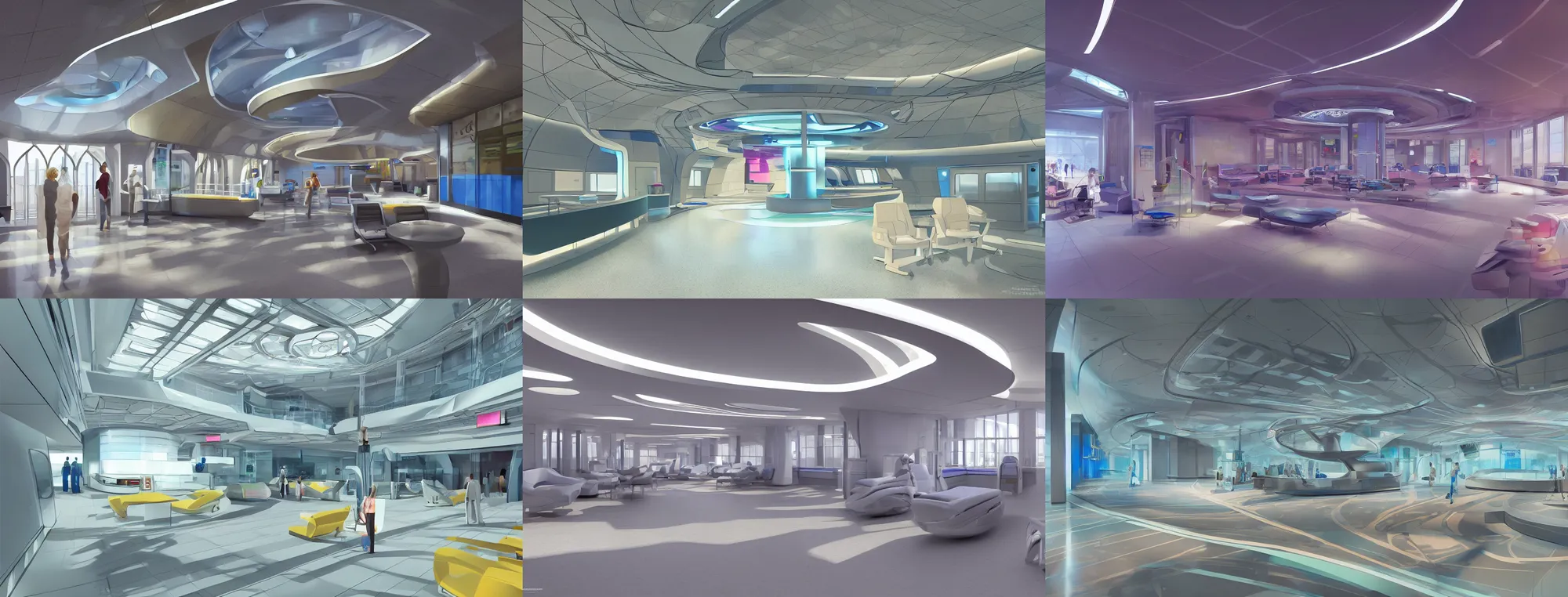 Prompt: Concept art of the interior of an futuristic hospital, wide shot, hyper realistic, color harmony, vibrant, 4k, artwork, digital art