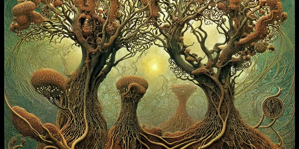 Image similar to tree of life by roger dean and andrew ferez, art forms of nature by ernst haeckel, divine chaos engine, symbolist, visionary, art nouveau, botanical fractal structures, organic, detailed, realistic, surreality