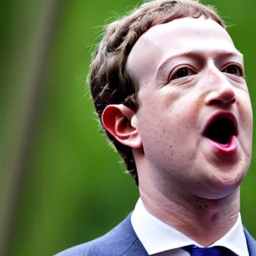 Prompt: Mark Zuckerberg catching flies with his tongue in the forest, photo