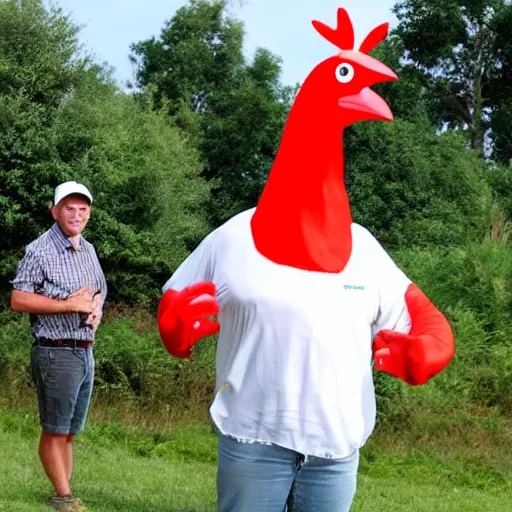 Prompt: a 2 meter tall chicken next to a 1,7 meter tall farmer.