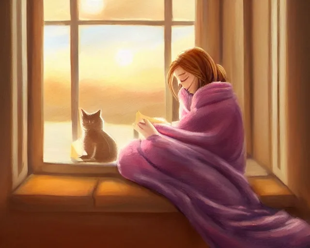 Prompt: a beautiful warm fuzzy painting of a woman curled up with a blanket, petting a cat who is purring with eyes closed. they are both sitting next to a window watching the sun set in winter, by anne stokes, trending on artstation, concept art, lofi, digital illustration