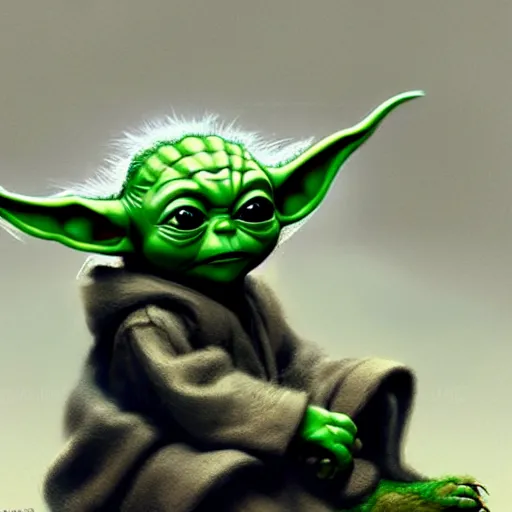 Prompt: illustration baby yoda sitting, by masamune shirow and greg rutkowski, character art, sharp focus, highly detailed, artstation