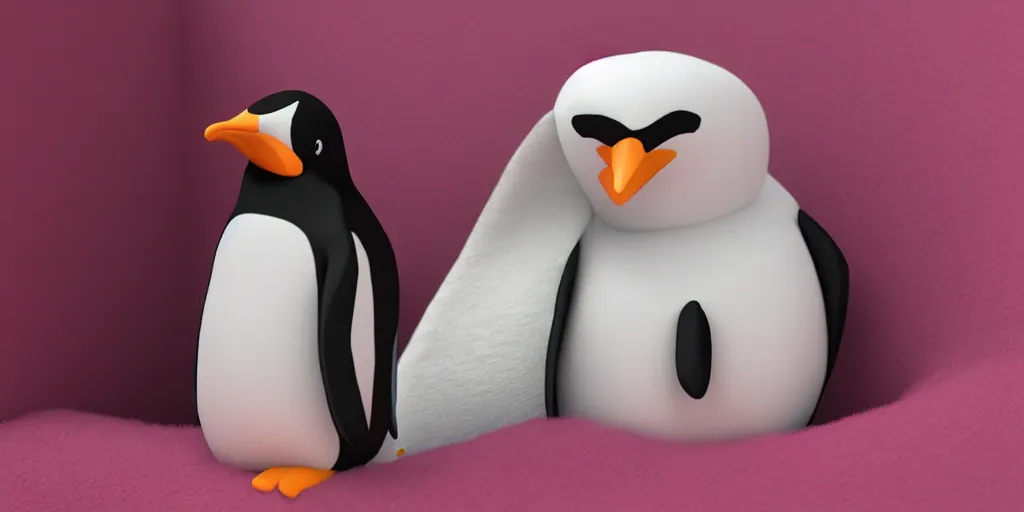 Image similar to realistic penguin sitting in an pink fluffy bed waving, unreal 5