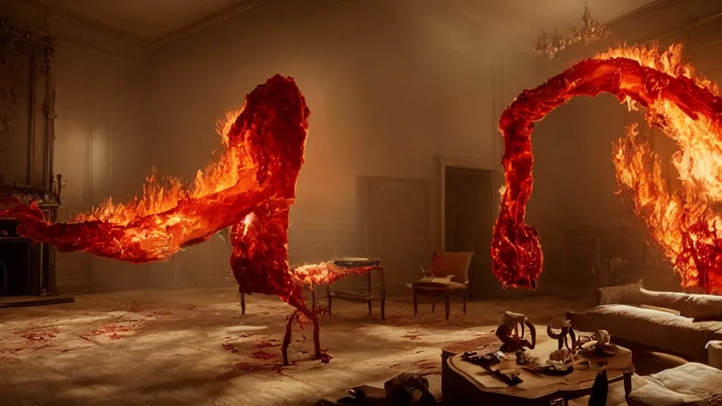 Image similar to a giant hand made of blood and fire floats through the living room, film still from the movie directed by Denis Villeneuve with art direction by Salvador Dalí, wide lens