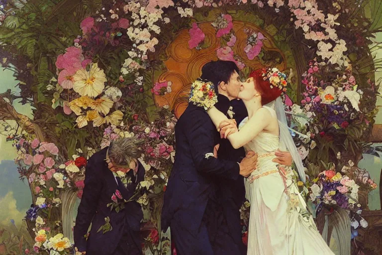 Image similar to the groom kisses the bride at a wedding full of flowers, bright and happy, dreamlike art, highly detail, 4 k realistic, wedding photoy krenz cushart. artem demura. alphonse mucha. yoji shinkawa artgerm. jon lothian. danilo torres. adi meyers. thomas reimann. gaston bussiere.