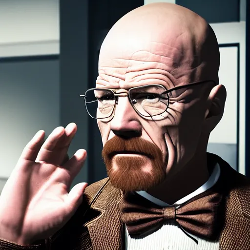 Image similar to Walter White as Willy Wonka inside the chocolate factory, photorealistic, 8k, unreal engine