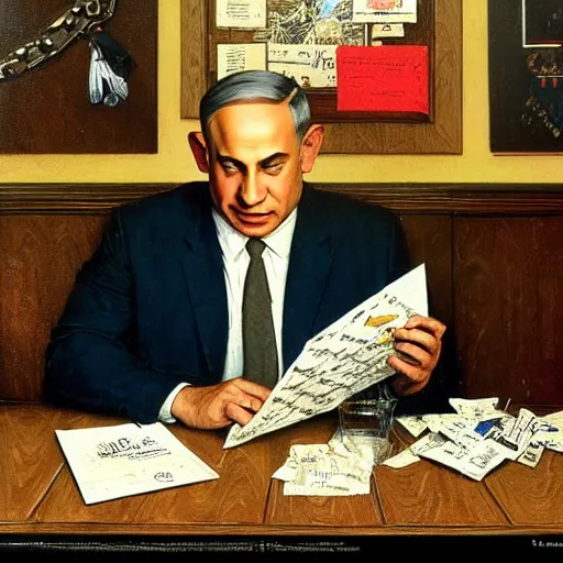 Image similar to painting of benjamin netanyahu sitting in a dark room answering fan mail, stressed expression, by norman rockwell