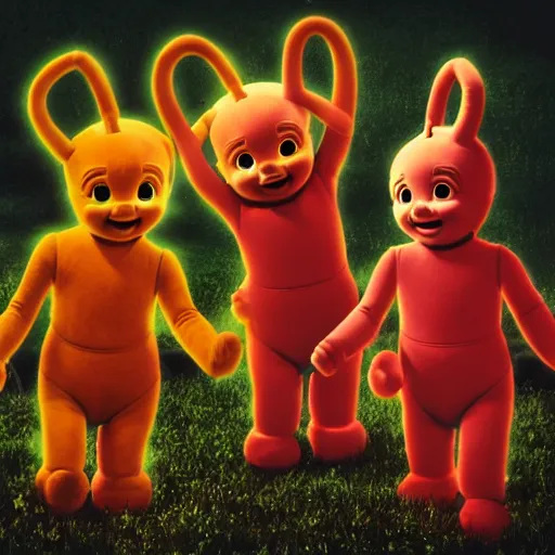 Image similar to A group of 4 Teletubbies, laughing as they make a human sacrifice for their demonic cult in their Teletubby temple. Highly detailed, rendered in unreal engine 5, daguerreotype portrait.