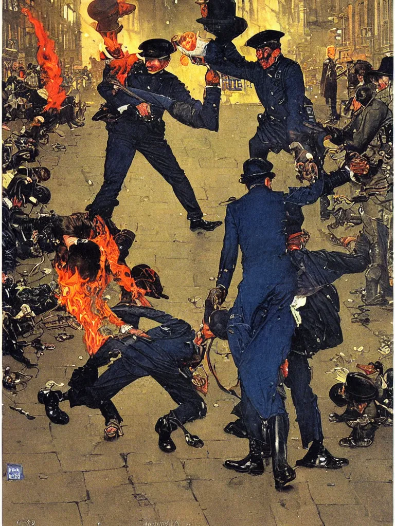 Prompt: spring heeled jack belches blue flame into the face of a victorian policeman on the nighttime streets of London, norman rockwell, jim beckner, michael alford
