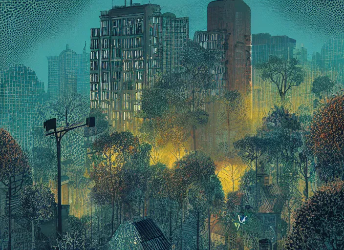 Image similar to city covered in overgrowth, colorful, Mads Berg, Karolis Strautniekas, stippled light, editorial illustration, detailed,fine texture, textured, matte print