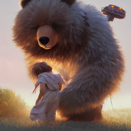 Image similar to mean fluffy teddybear protecting girl, dystopian, sci-fi, extremely detailed, digital painting, sculpted in zbrush, artstation, concept art, smooth, sharp focus, illustration, chiaroscuro lighting, golden ratio, incredible art by artgerm and greg rutkowski and alphonse mucha and simon stalenhag