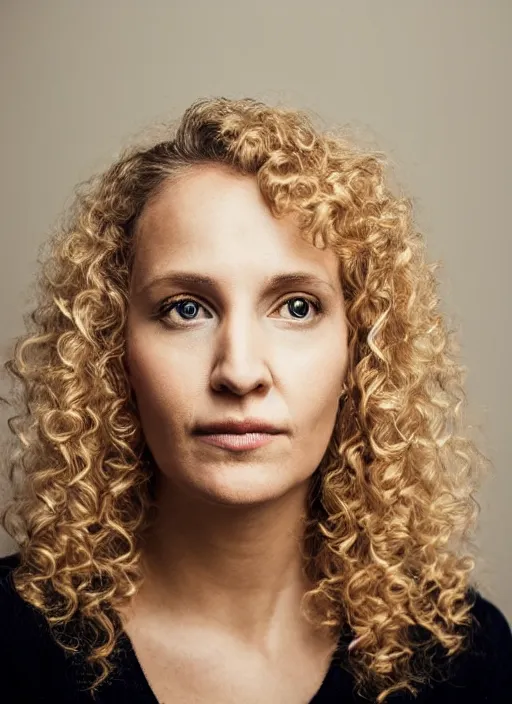 Prompt: portrait of a woman, symmetrical face, blonde curly hair, she has the beautiful calm face of her mother, slightly smiling, ambient light