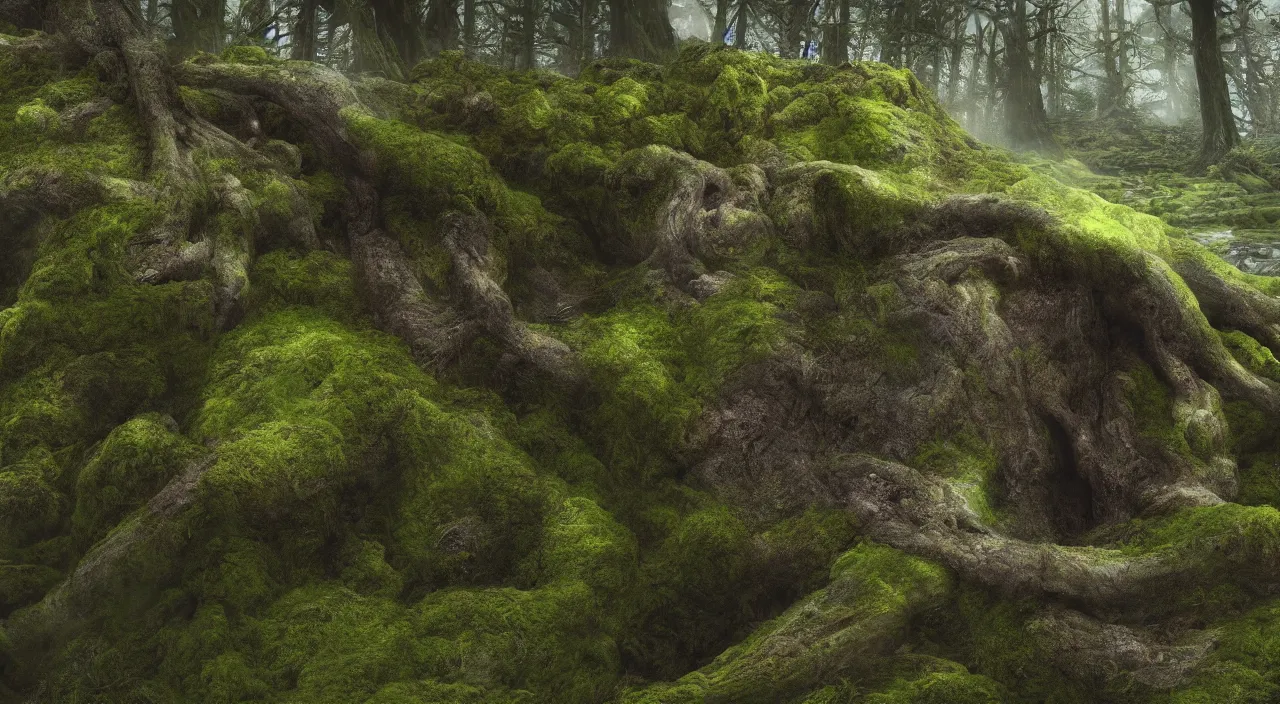 Prompt: Giant 65 year-old Gaia covered in moss, crying softly and humbly, sitting on a dried up river, highly-detailed, elegant, dramatic lighting, artstation, 4k