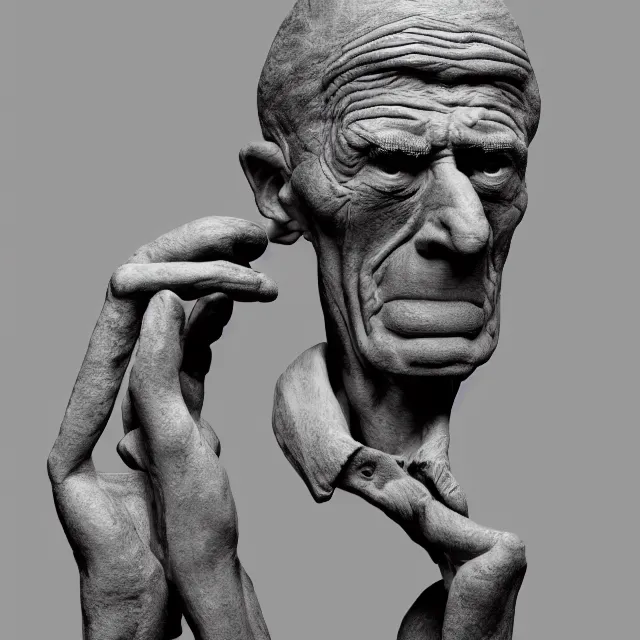 Prompt: photography of a sculpture of Samuel Beckett made of clay by Gerald Scarfe and Michelangelo, 50mm, studio atmosphere, 8K, rim light, octane render, ultra-realistic