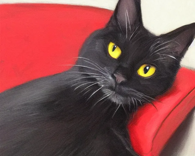 Prompt: black cat resting between red cushions, portrait, trending on artstation