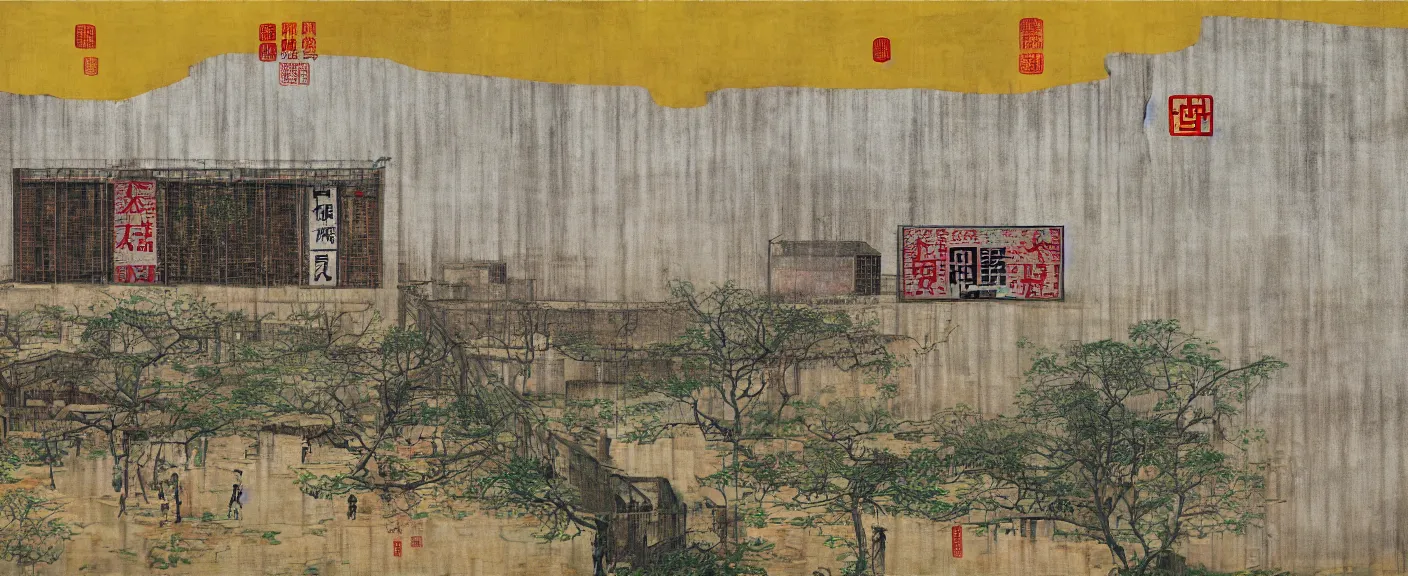 Prompt: a chinese prison near a river by peter doig, 4 k, muted colors, overlaid with chinese adverts