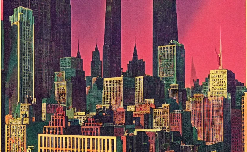 Image similar to vaporwave art deco lithograph of new york city by adolphe millot