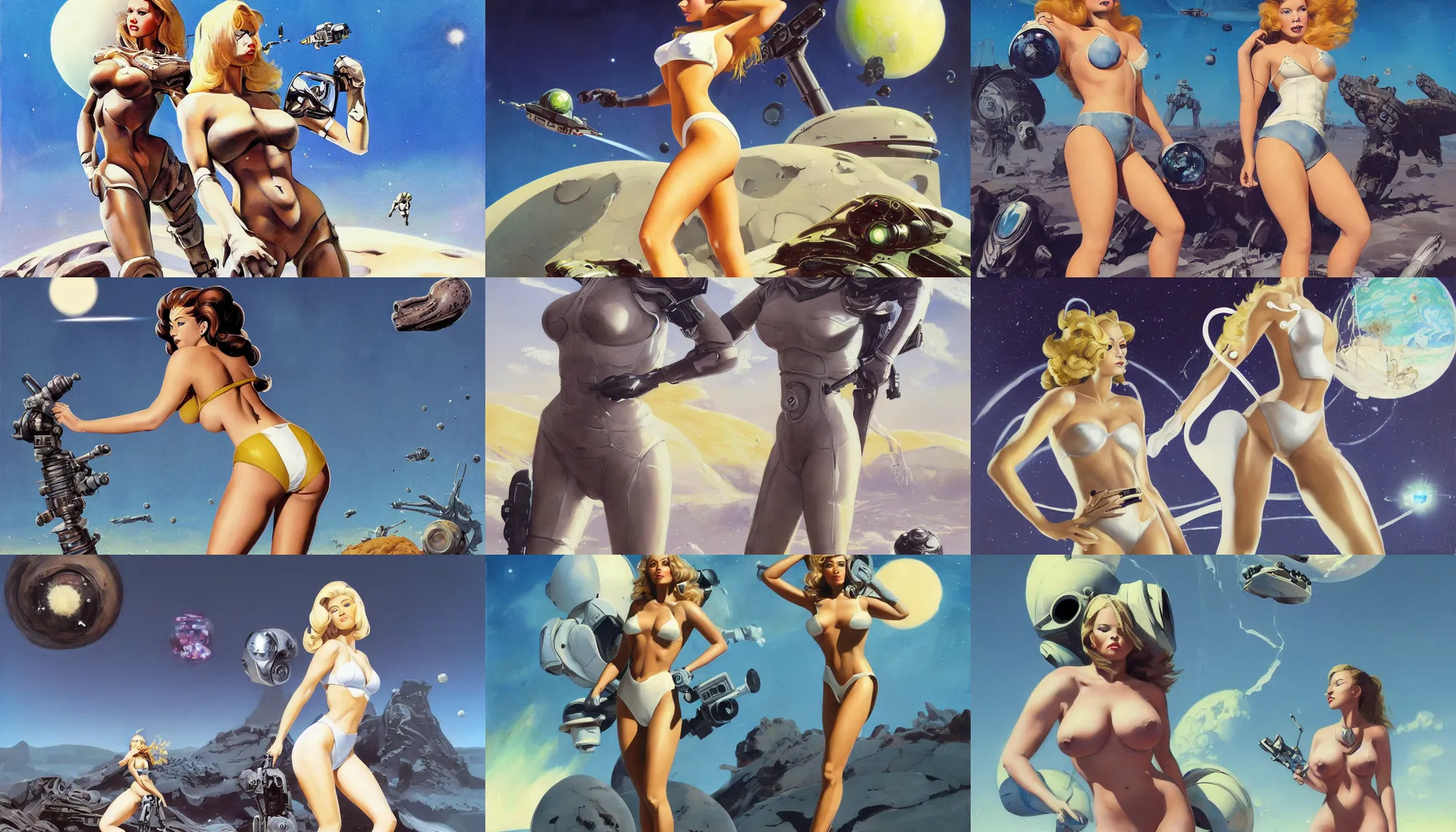 Image similar to A mixed media portrait painting of a beautiful blonde brunette woman exploring an alien planet, very curvy, aesthetic! high-waisted white-bikini-armor and boots, holding raygun, aesthetic symmetrical face and eyes, model, Scandinavian, wet, discarded mechsuit in background, by Frank Frazetta, Boris Vallejo, Beeple, Greg Rutkowski, Christian MacNevin, eighties-pinup style, epic fantasy character art, high fantasy, CGsociety, exquisite detail, post-processing, masterpiece, cinematic