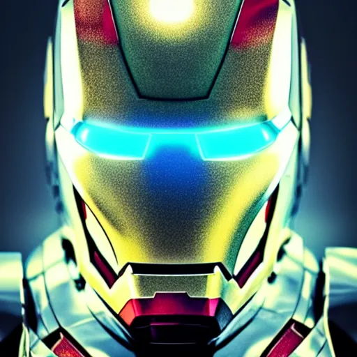 Image similar to Iron man, close up shot, neon, futuristic, photorealistic, 8K, reflection on helmet,