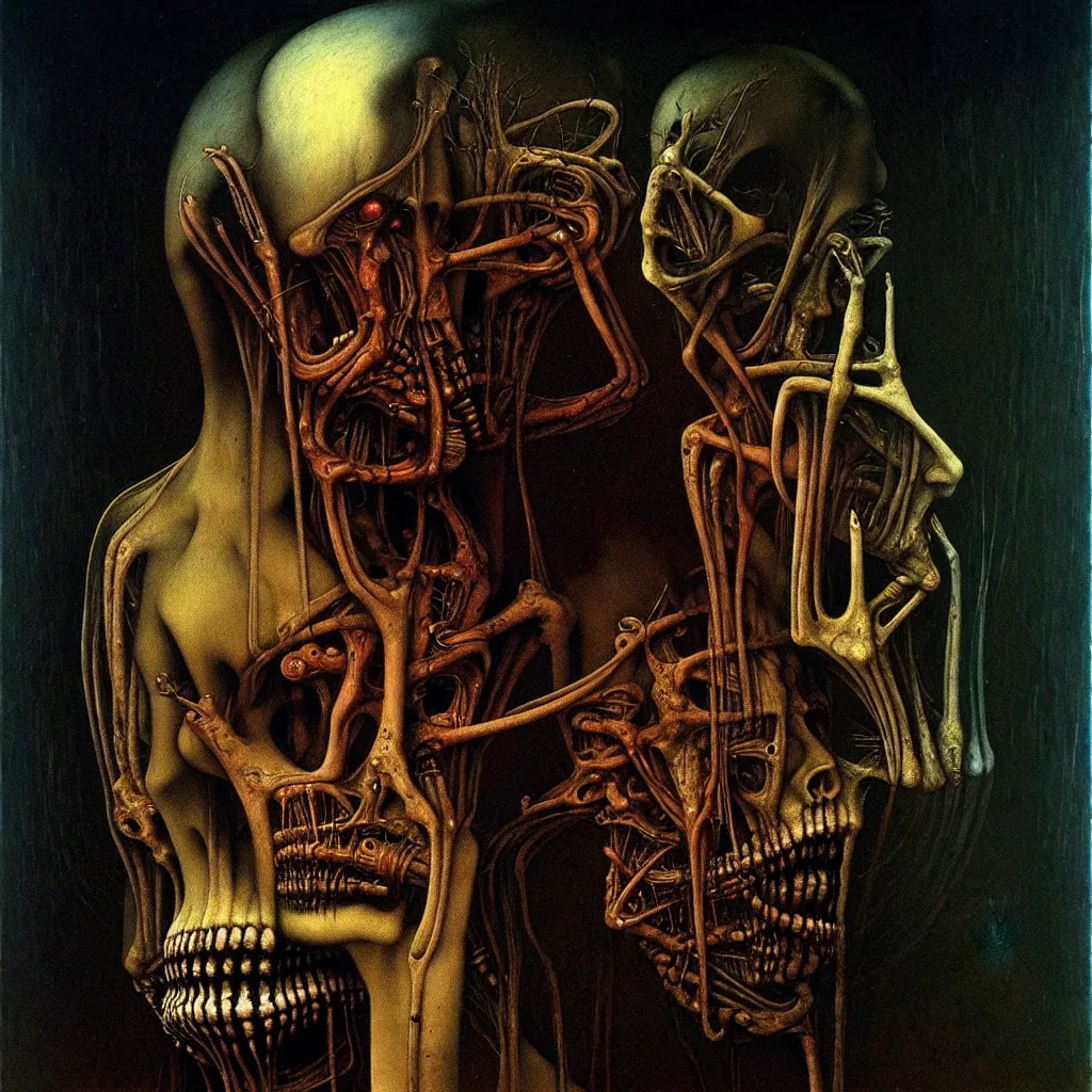 Image similar to a painting by beksinski, Giger, and Caravaggio