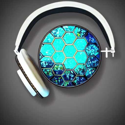 Image similar to photorealistic studio headphones covered in bismuth crystals