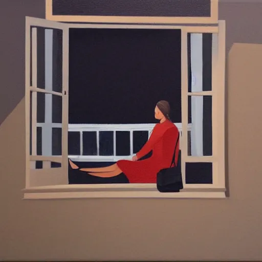 Image similar to woman sitting by the window waiting for someone, low key acrylic painting, stunning masterpiece by a very talented artist , very beautiful