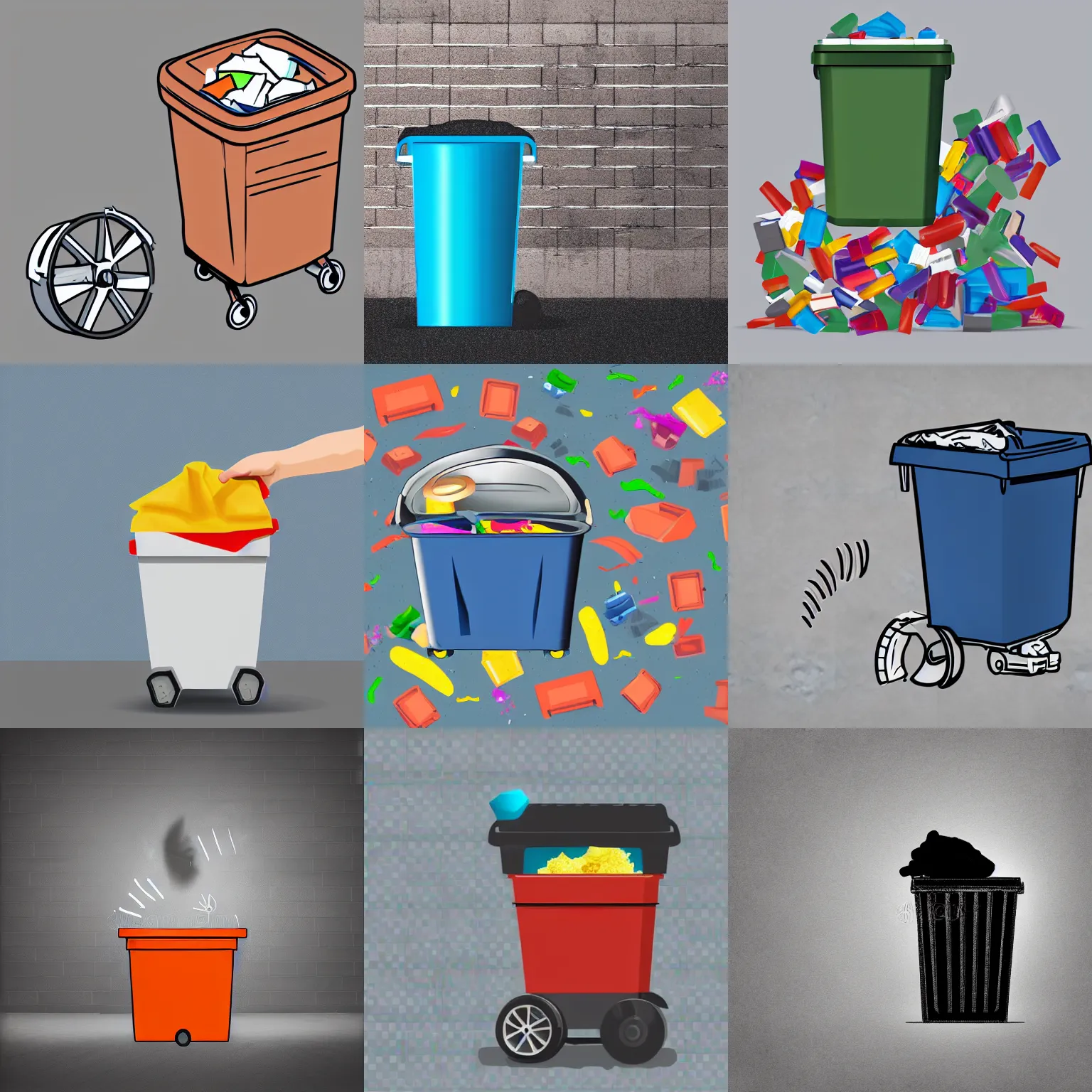Prompt: garbage wheel bin, hand throwing bag into bin, digital Illustration