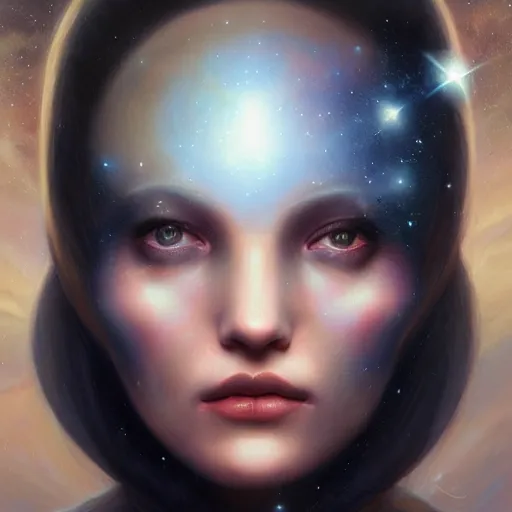 Prompt: a beautiful portrait of a cosmic goddess by Jim Burns and Tom Bagshaw, Trending on Artstation, nebula background