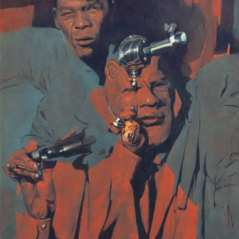 Image similar to scifi portrait of old blues singer by Robert McGinnis, pulp comic style, circa 1958, photorealism