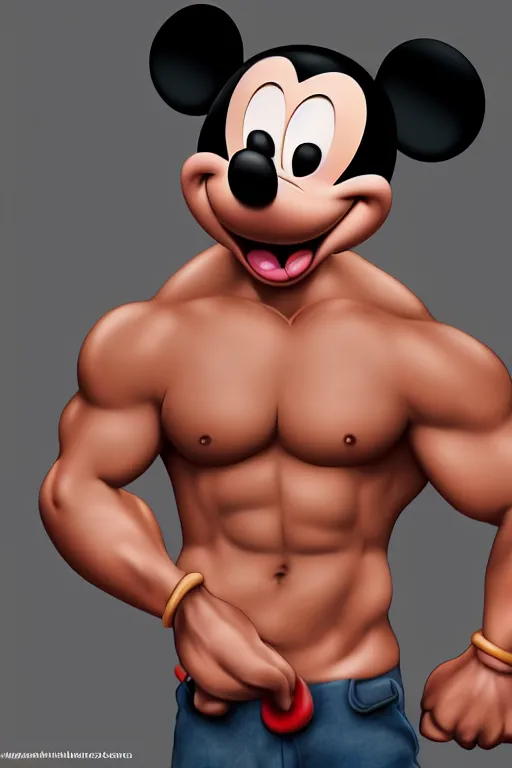 Prompt: muscular mickey mouse, mickey mouse bodybuilder, photorealistic, highly detailed,
