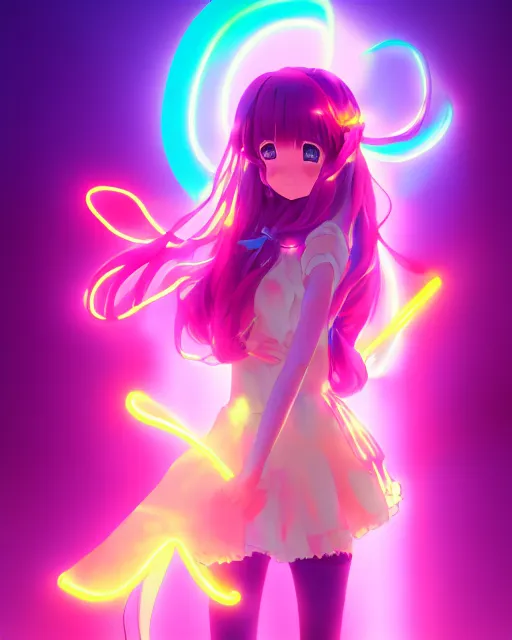 Prompt: anime style, vivid, expressive, full body, 4 k, painting, a cute magical girl idol with a long wavy hair wearing a colorful dress, correct proportions, stunning, realistic light and shadow effects, neon lights, studio ghibly makoto shinkai yuji yamaguchi