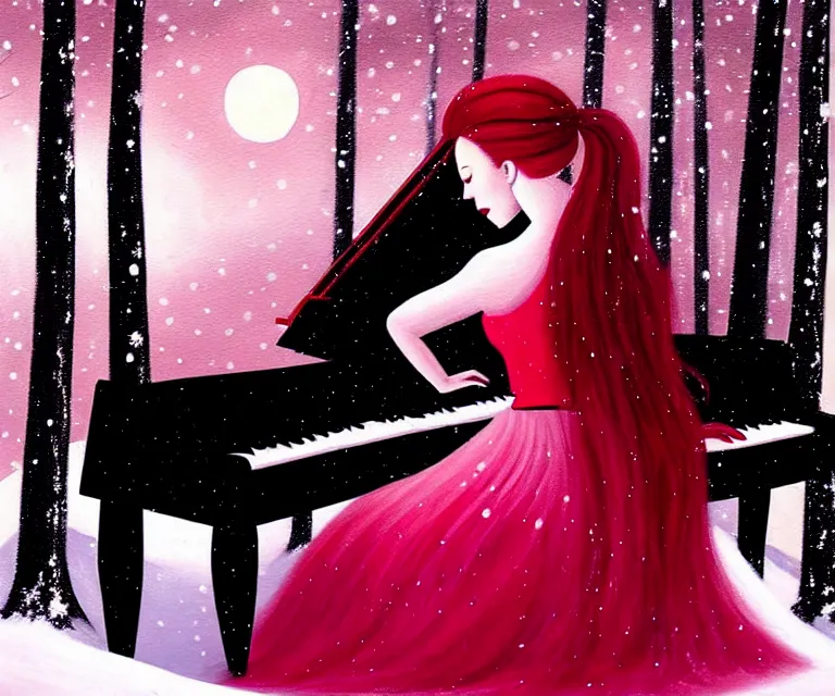 Prompt: a painting of a beautiful face gothic girl, pink hair in a stunning red dress playing a piano in the dark snowy forestby randolph stanley hewton, cg society contest winner, matte painting