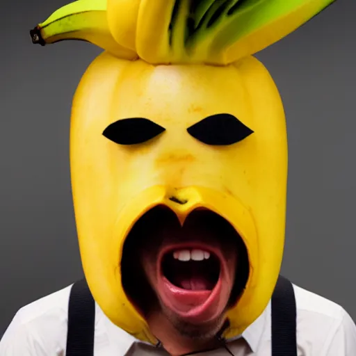 Image similar to banana head, a man wearing a suit banana head