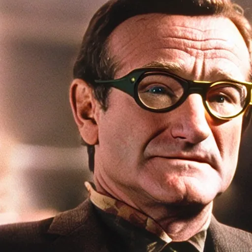 Prompt: award winning awe inspiring movie still of Robin Williams playing The Riddler