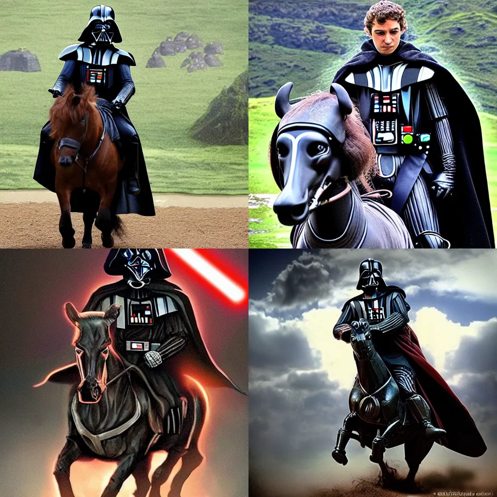 Prompt: Darth Vader rides a horse with the head of Frodo Beutlin the Hobbit, The horse has a Head in the shape of Frodo beutlin