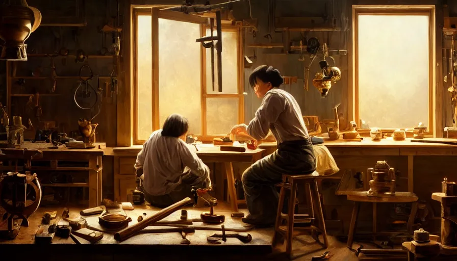 Prompt: highly detailed oil painting | very intricate | cinematic lighting | award - winning | craftsman | building a piece of furniture in their workshop | beautiful cinematic light, american romanticism, by huang guangjian, gil elvgren, ruan jia, randy vargas, greg rutkowski, artstation, cgsociety, official art, octane