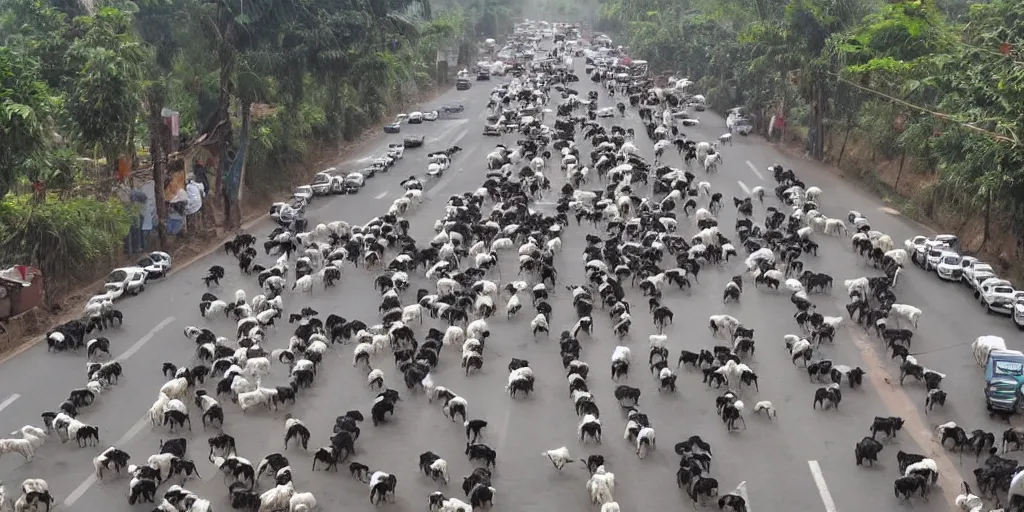 Prompt: traffic in India caused by cows in the middle of the road