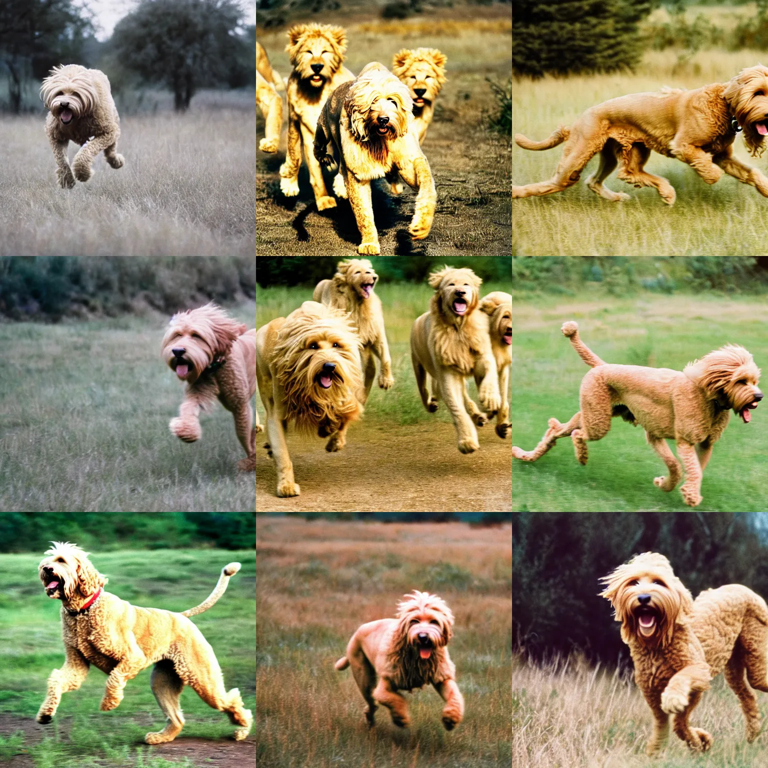 Prompt: cinestill of a blonde labradoodle running away from a pack of hungry lions, nature documentary