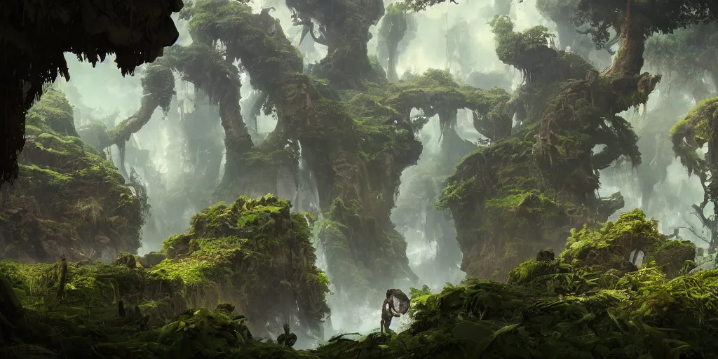 Image similar to Fantasy overgrown world , planet, waterfalls, ancient tree, Greg Rutkowski, Mike mignola, Kim Jung Gi, trending on Artstation, 8K, ultra wide angle, pincushion lens effect.