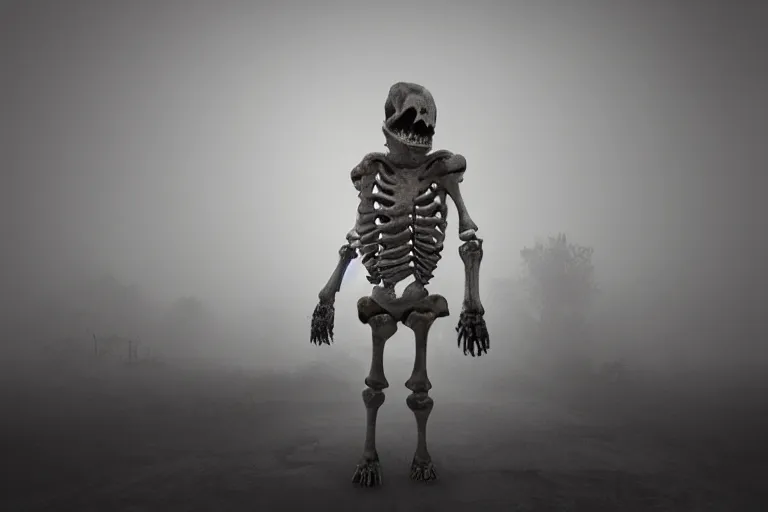 Image similar to a tall humongous angry monster made of bones, standing faraway in the far distance, realism, photo realistic, high quality, misty, hazy, ambient lighting, cinematic lighting, studio quality, scary, dreadful