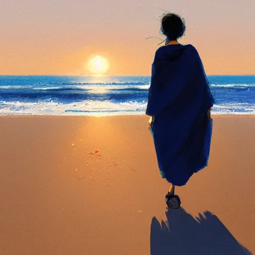 Image similar to a woman facing a blue portal on the street, which shows a beach at sunset, greg rutkowski