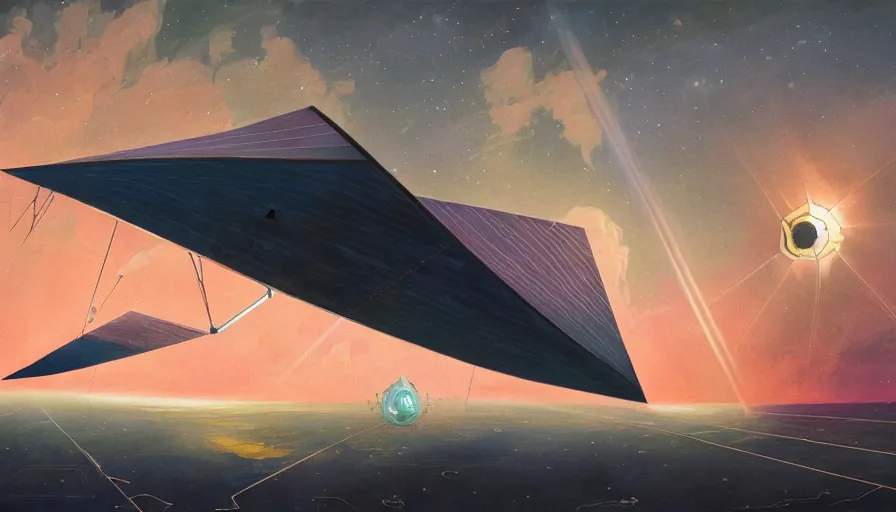 Image similar to solar sail infront of sun, in space, earth visible below, art deco painting, simon stalenhag